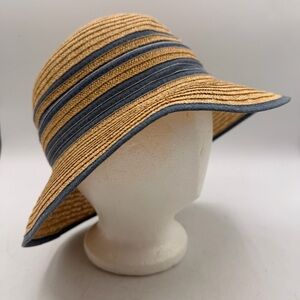 Striped Tan and Blue Woven Sun Hat – Approx. 57 cm